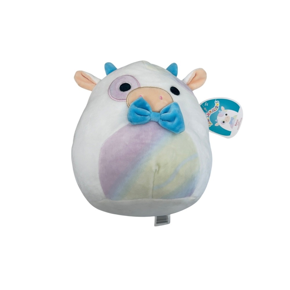Squishmallows 8 Inch Belozi the Cow Rainbow Belly Blue Bowtie Plush NWT